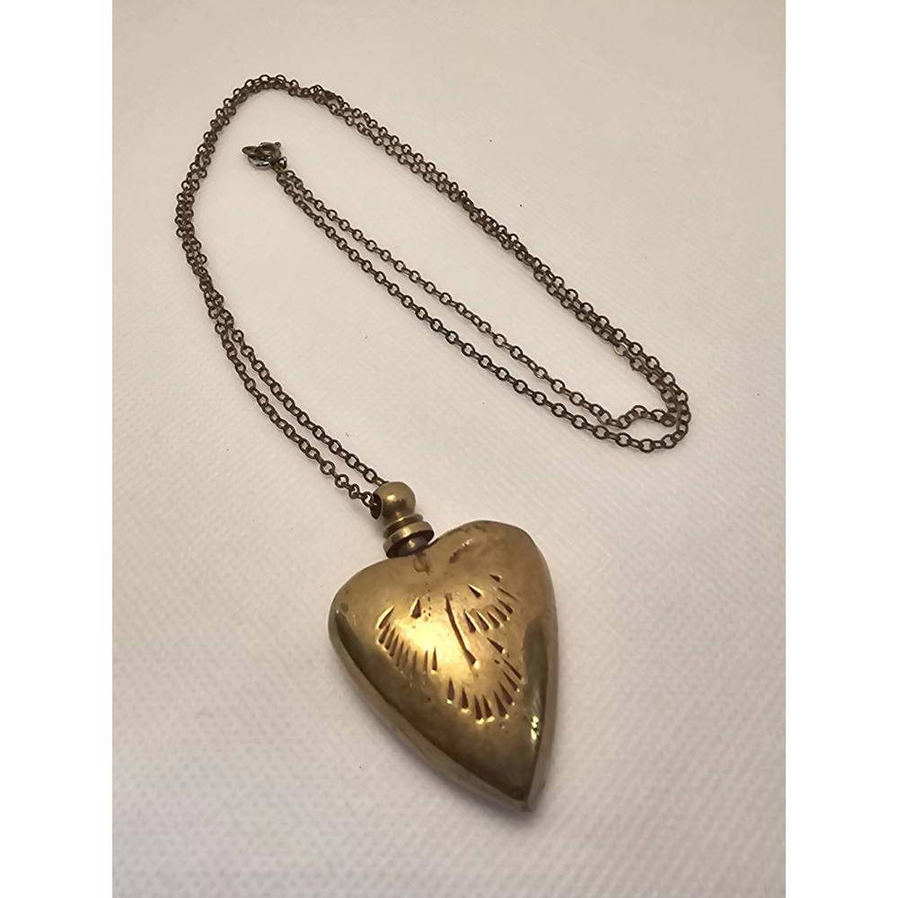Antique solid brass etched heart pendant on chain